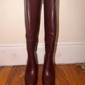 Zara Tall Leather Heeled Boots in Burgundy